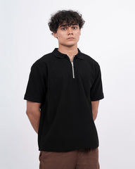 SEW MUCH LEWKS Zip Textured Polo - Black