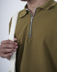 SEW MUCH LEWKS Zip Textured Polo - Khaki Green