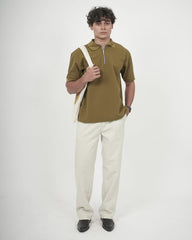 SEW MUCH LEWKS Zip Textured Polo - Khaki Green