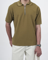 SEW MUCH LEWKS Zip Textured Polo - Khaki Green