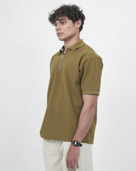 SEW MUCH LEWKS Zip Textured Polo - Khaki Green