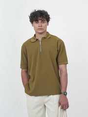SEW MUCH LEWKS Zip Textured Polo - Khaki Green