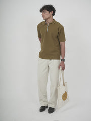 SEW MUCH LEWKS Zip Textured Polo - Khaki Green