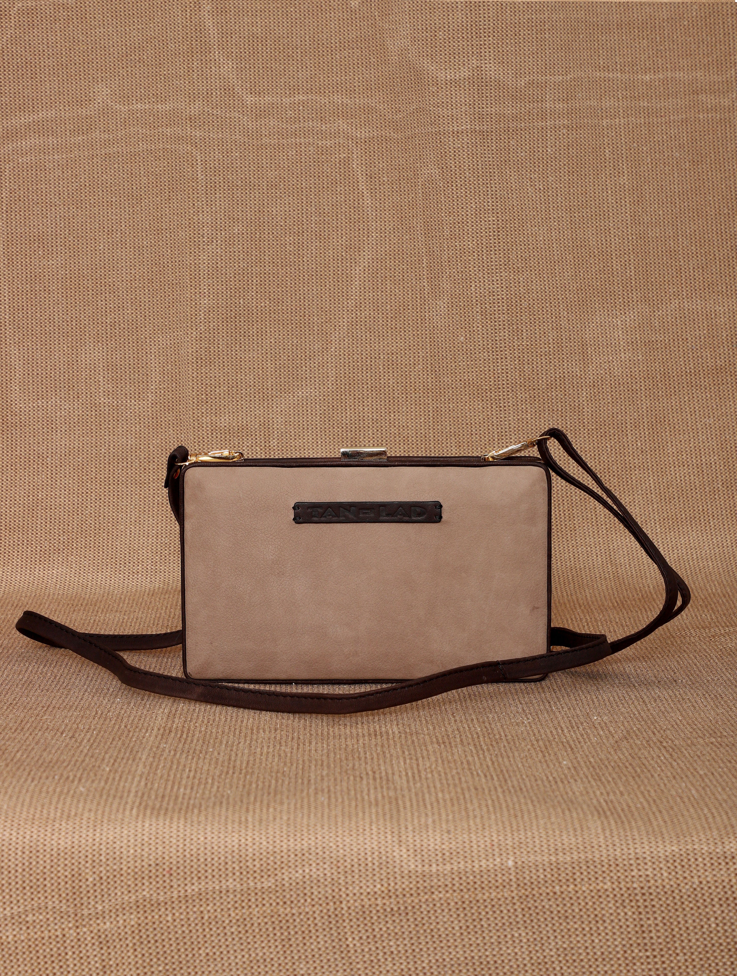 TAN LAD  Brick Clutch with Sling - Dove with Dark Chocolate