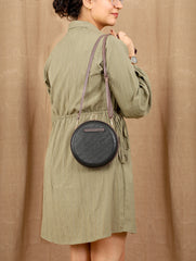 TAN LAD  Circle Clutch with Sling  - Charcoal with Black Currant