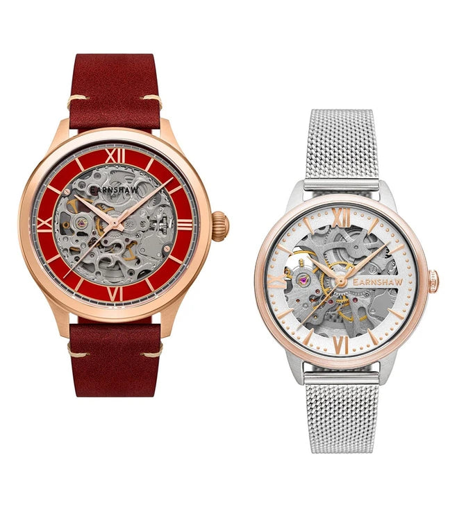 Earnshaw Baron and Anning Automatic Skeleton Round Dial Couple Watch - ES-8230- SET-01