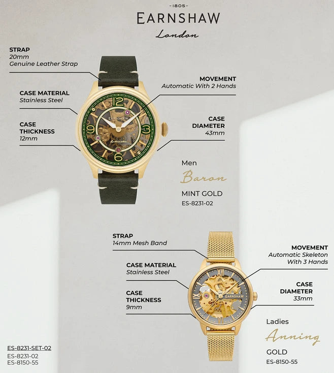 Earnshaw Baron and Anning Mech-Automatic Skeleton Round Dial Couple Watch - ES-8231-SET-02