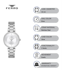 Ferro Quartz Silver Round Dial Women's Watch - F21129A-A