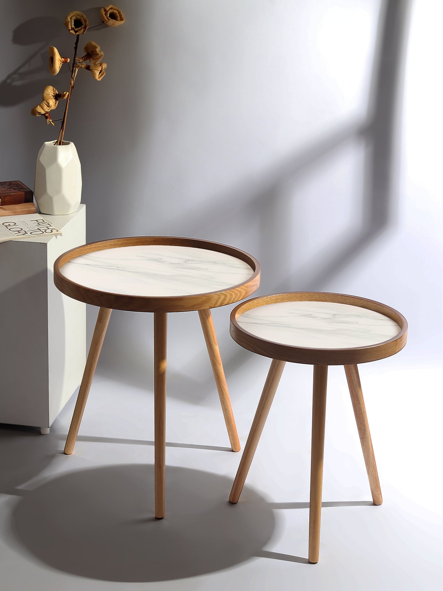 De Maison Decor Marwood Wooden Round Side Table Set of 2 - Brown Wood & White