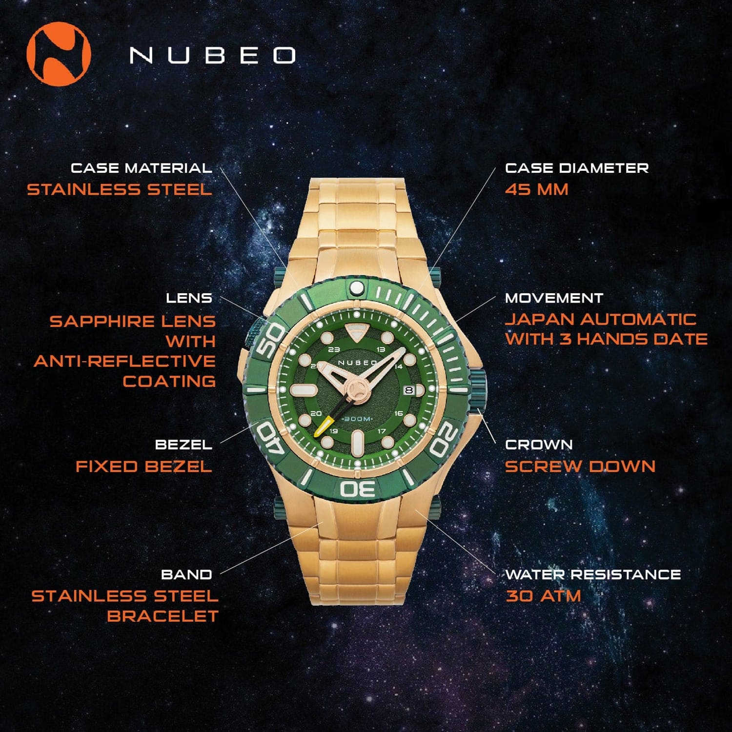 Nubeo Manta 45mm Unidirectional Luminous Men's Watch -  NB-6059-33