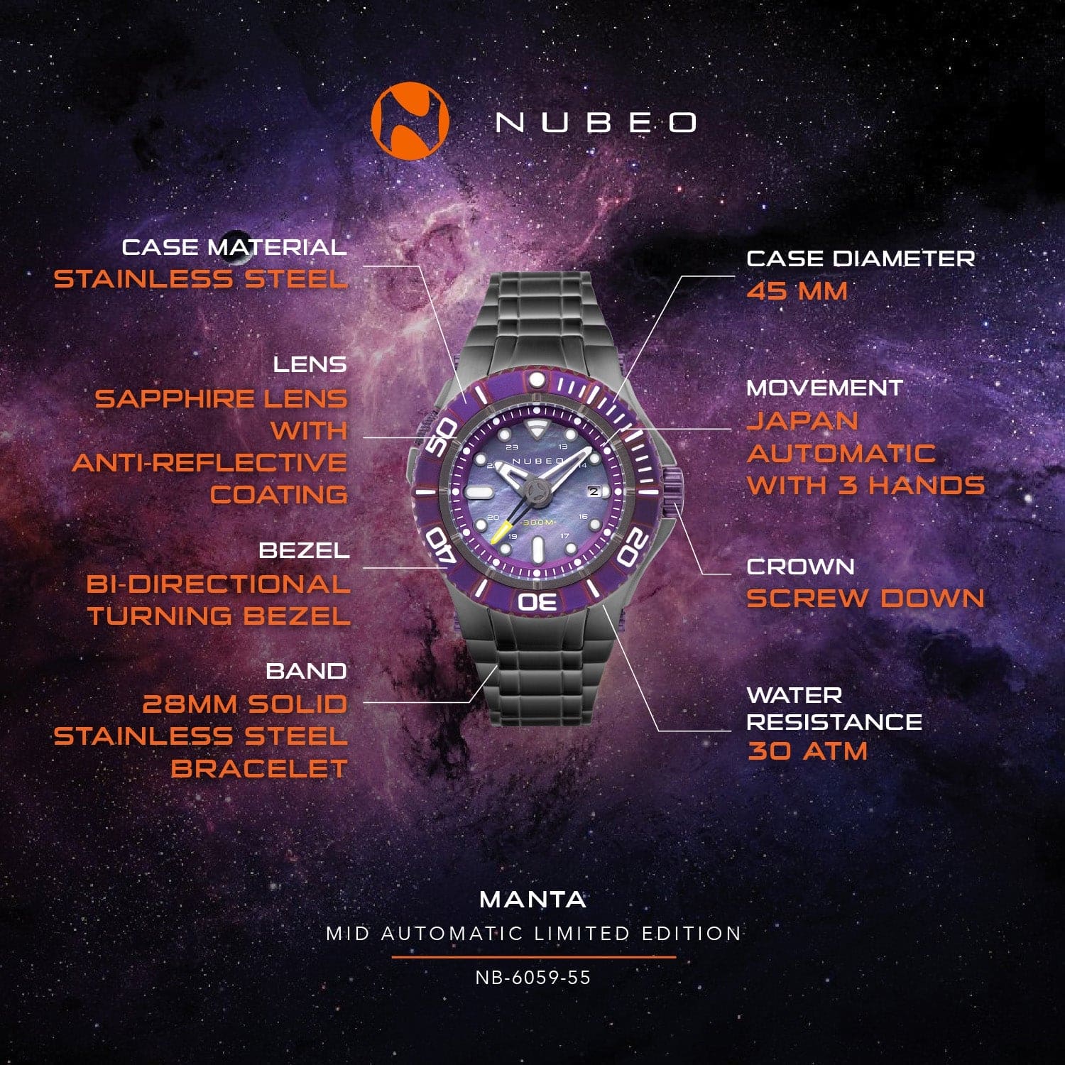 Nubeo Manta Midsize Automatic Limited Edition Men's Watch - NB-6059-55