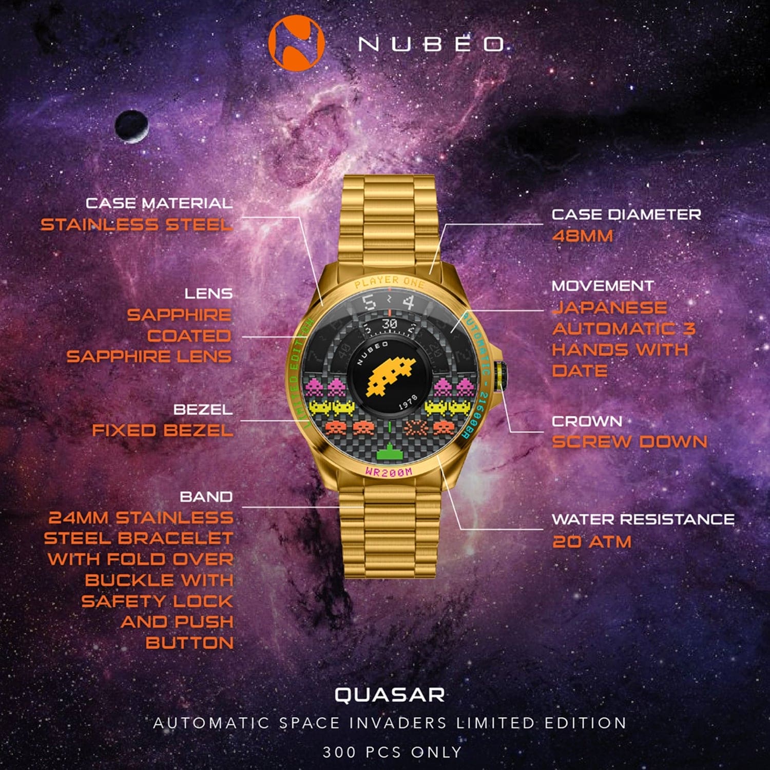 Nubeo Quasar Automatic Space Invaders Limited Edition 24 Jewels Men's Watch -  NB-6082-SI-33