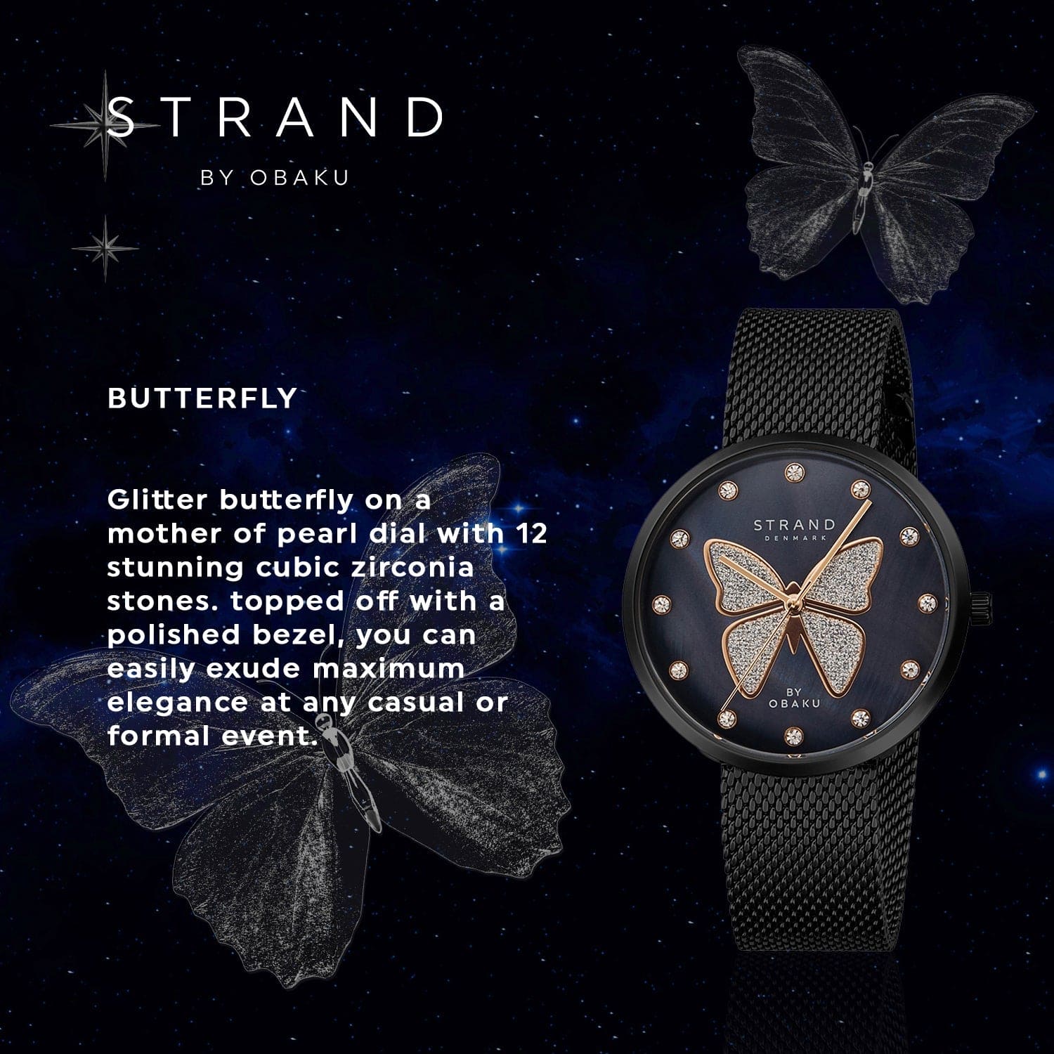 Strand By Obaku Butterfly Charcoal Quartz MOP Women's Watch - S700LXBBMB-DB