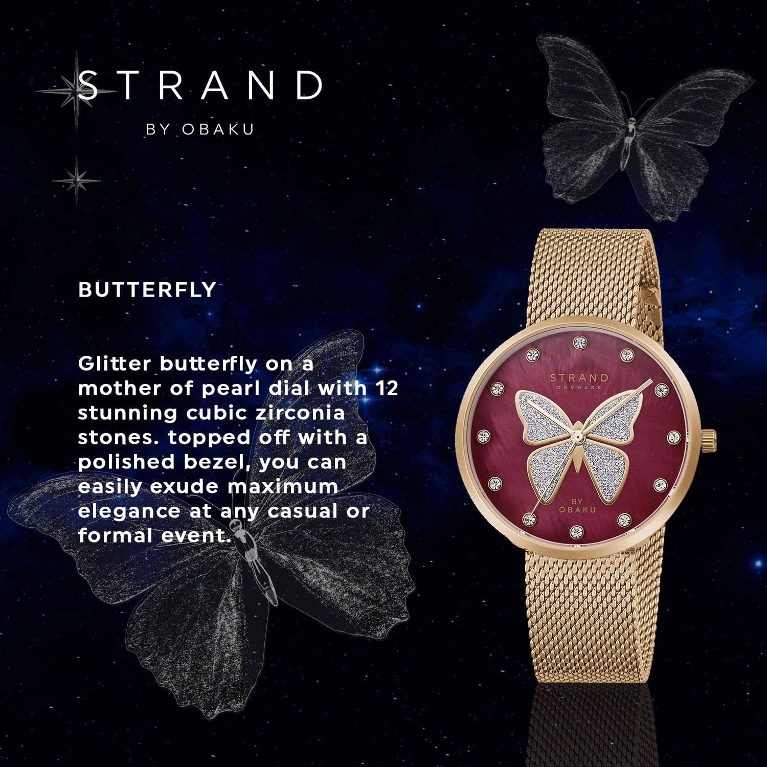 Strand By Obaku Glitter Butterfly Quartz Women's Watch - S700LXVDMV-DB