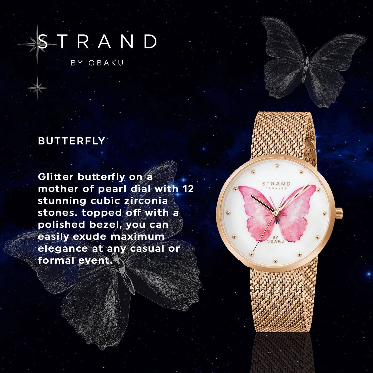 Strand By Obaku Printed Butterfly Quartz MOP Women's Watch - S700LXVWMV-DBP