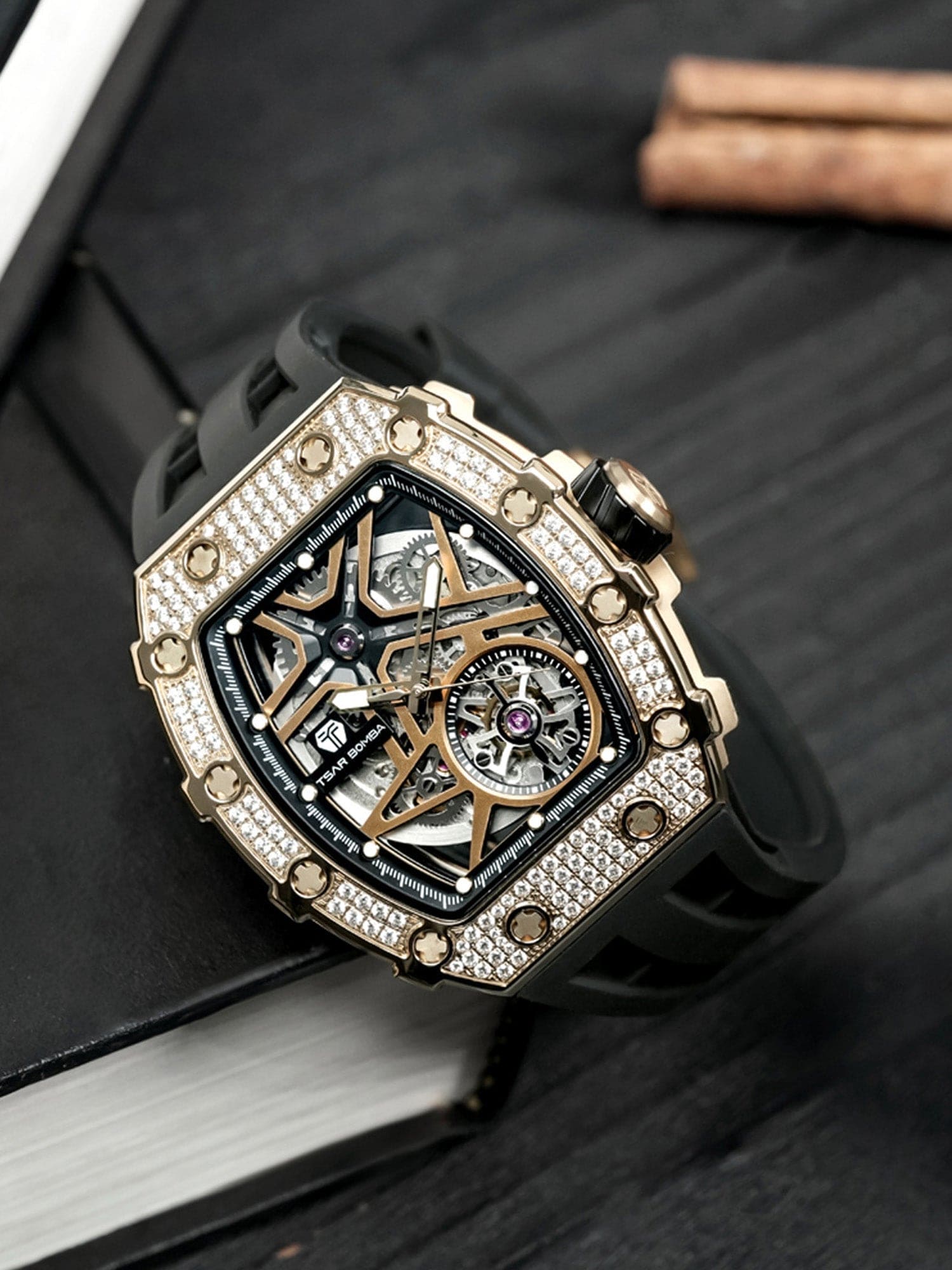 TSAR BOMBA Automatic 21 Jewels Diamond Like CZ Men's Watch -  TB8209D-04