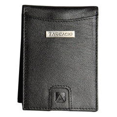 ARCADIO Money Clip Black Textured Leather Bi-Fold RFID Protected Card Holder with Money Clipper Slim Wallet for Men Unique Birthday Anniversary Gift