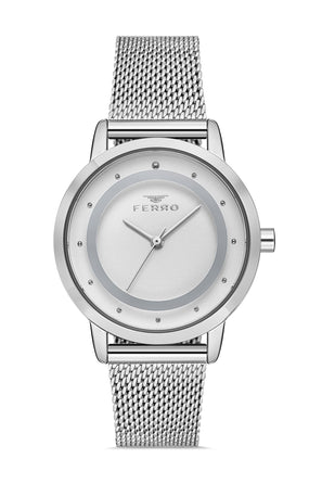 Ferro Analog Silver Round Dial Women's Watch - F40090C-A
