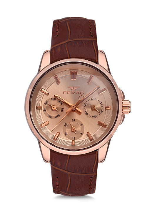 Ferro Multifunction Rose Gold Round Dial Women's Watch - FM1905B-965-S
