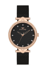 Ferro Analog Black Round Dial Women's Watch - F2665C-R