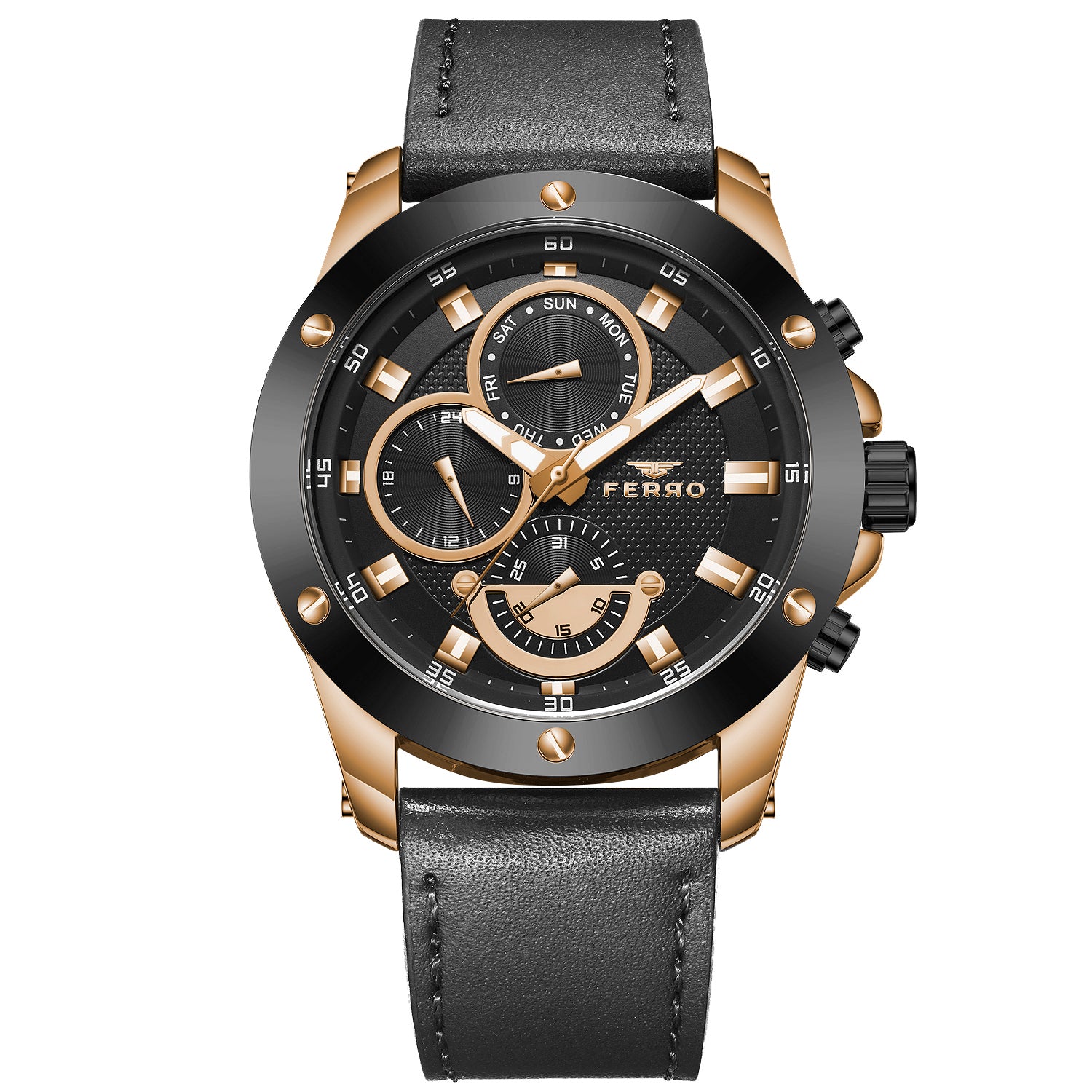Ferro Multifunction Black Round Dial Men's Watch - FM1513B-R