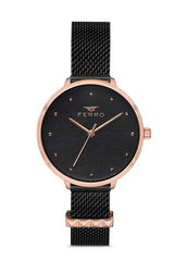 Ferro Analog Black Round Dial Women's Watch - F21087C-R