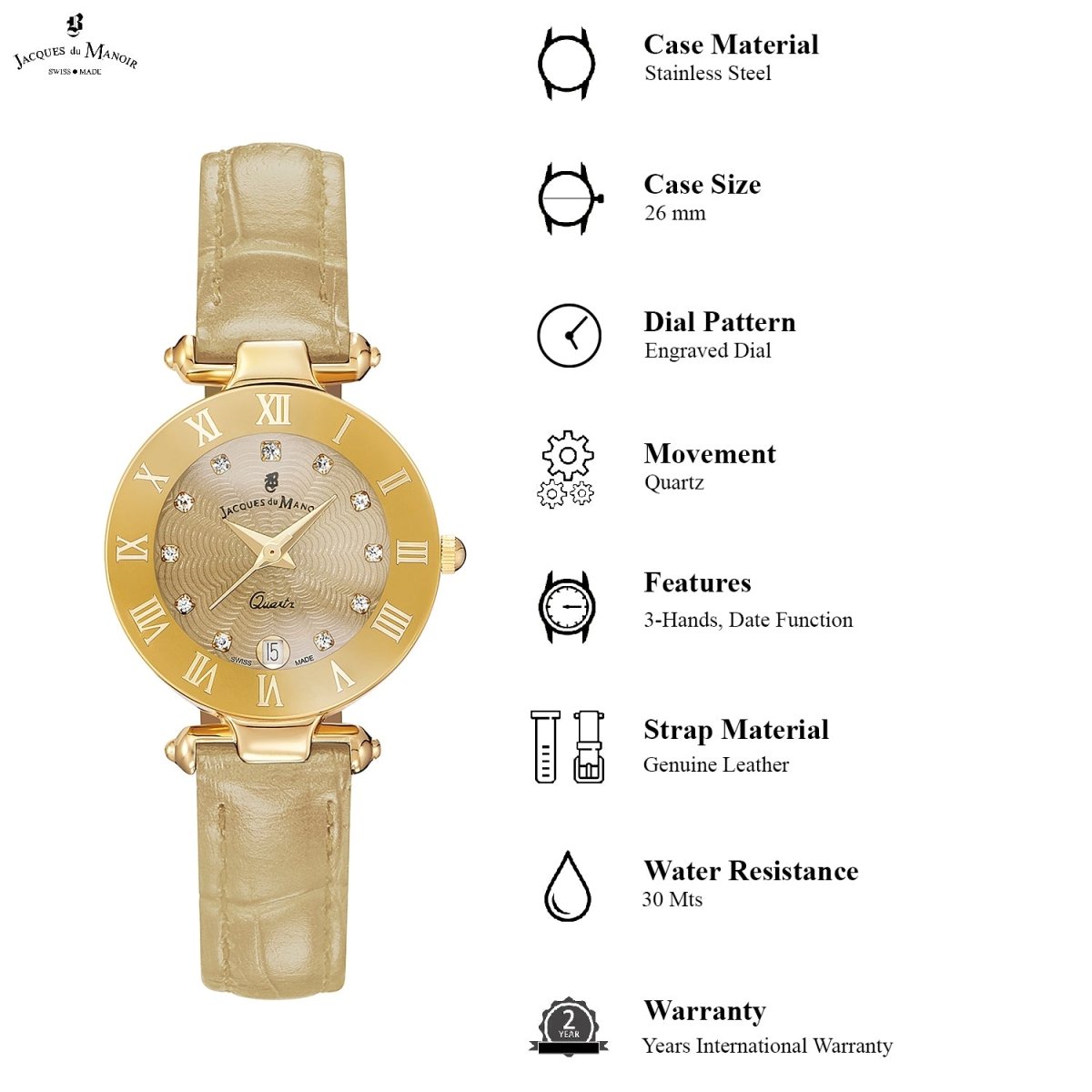 JACQUES DU MANOIR Coupole Fashion Swiss Made Analogue Beige Round Dial Women's Watch- RC.92