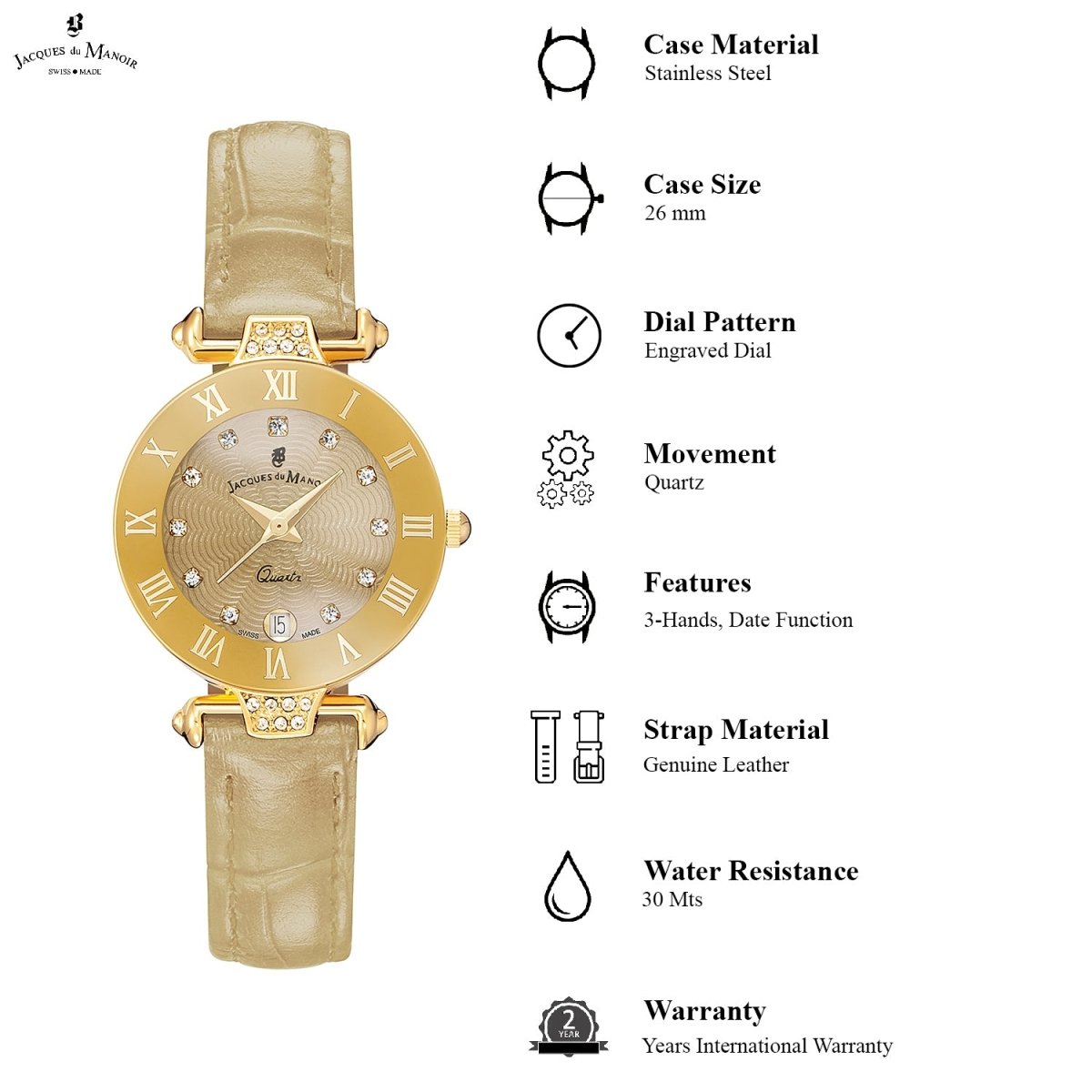 JACQUES DU MANOIR Coupole Fashion Swiss Made Analogue Beige Round Dial Women's Watch- RCP.92