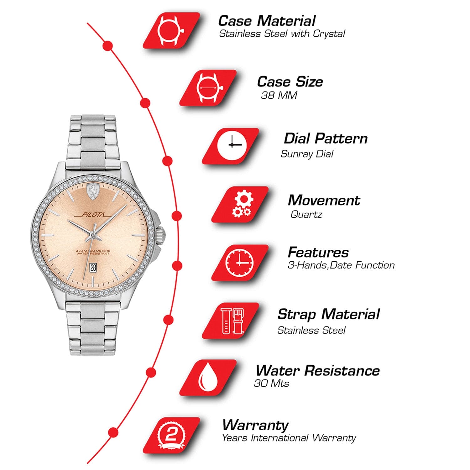 Scuderia Ferrari Pilota Quartz Crystals Carnation Gold Round Dial Women's Watch- 0820028