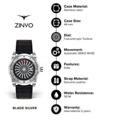 ZINVO BLADE SILVER Analog Black Turbine Round Dial Men's Watch - 215