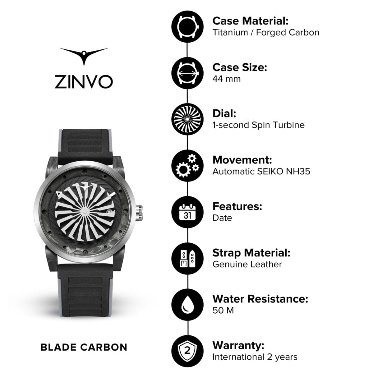 ZINVO BLADE CARBON Automatic Grey Turbine Round Dial Men's Watch - 260