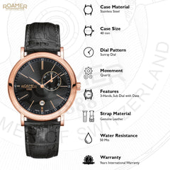 ROAMER Vanguard Small Second Quartz Black Round Dial Men's Watch- 934950 49 55 05