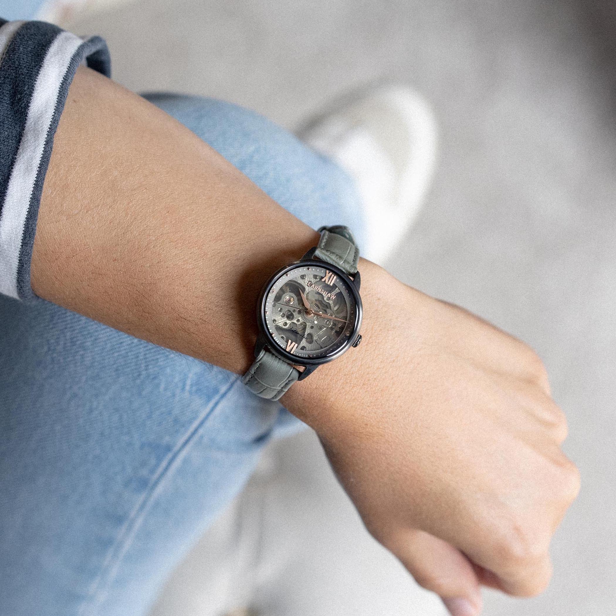 EARNSHAW ANNING DIAMOND Automatic Skeleton Round Dial Women's Watch with Additional Strap- ES-8154-07 