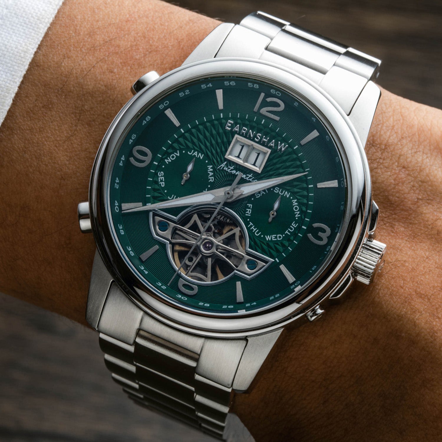 Earnshaw Marylebone Grand Date Open Heart Automatic Green Round Dial Men's Watch - ES-8177-33