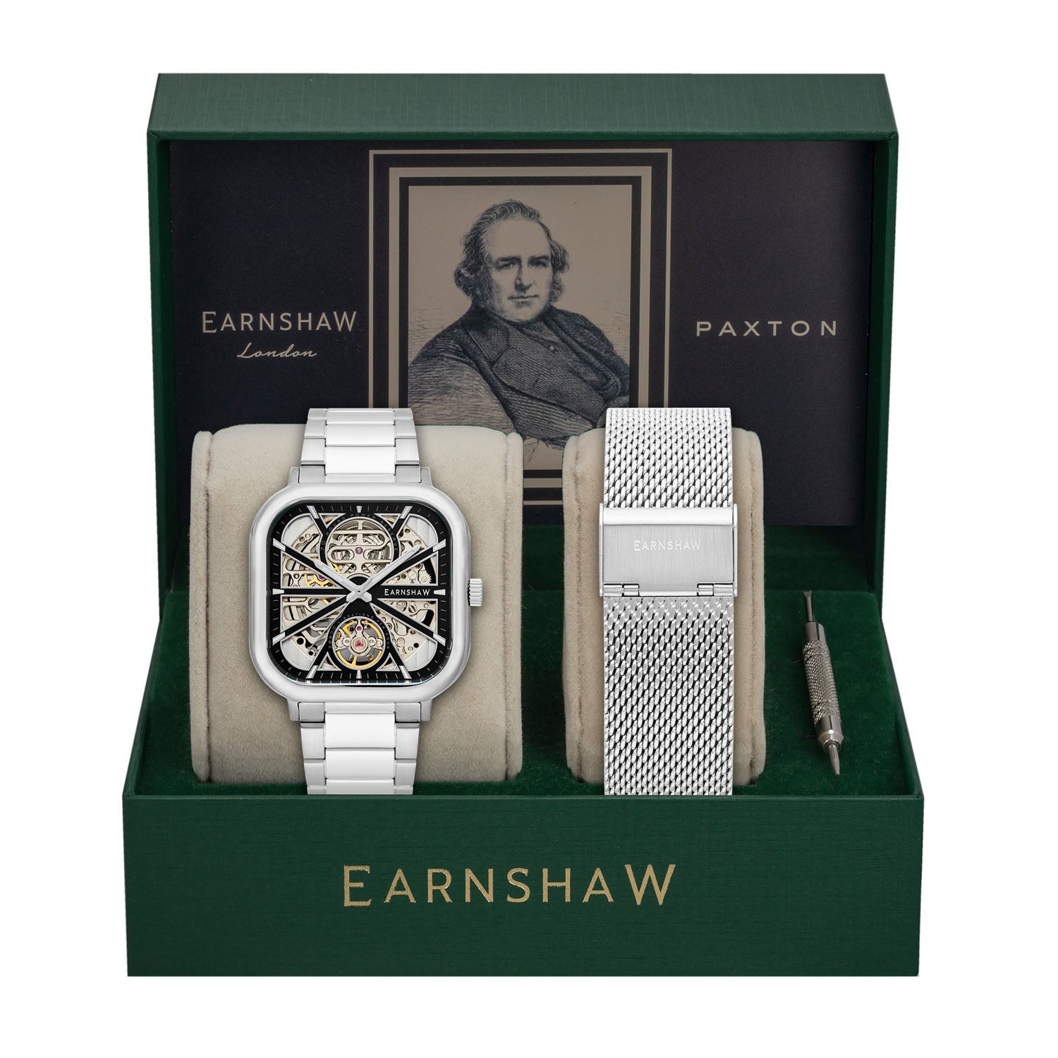 Earnshaw Paxton Automatic Skeleton 70 Hours Power Reserve Black Square Dial Men's Watch(Additional Strap) - ES-8211-11