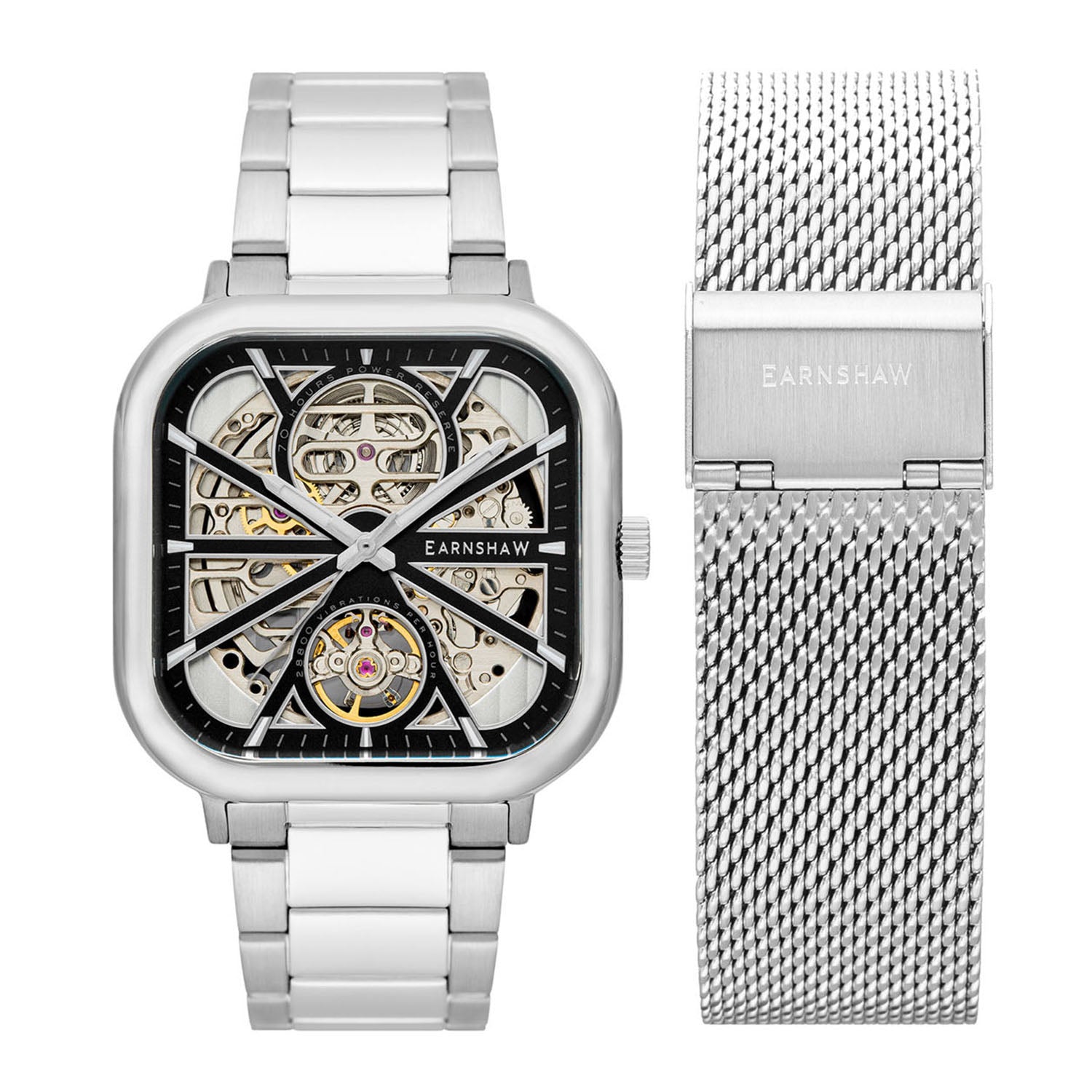 Earnshaw Paxton Automatic Skeleton 70 Hours Power Reserve Black Square Dial Men's Watch(Additional Strap) - ES-8211-11