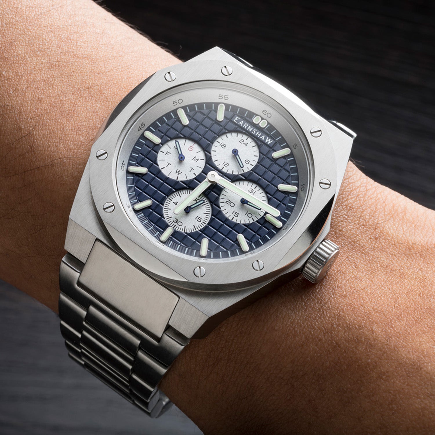 Earnshaw Bessemer Calendar Multifunction Blue Round Luminous Hands Dial Men's Watch - ES-8253-33