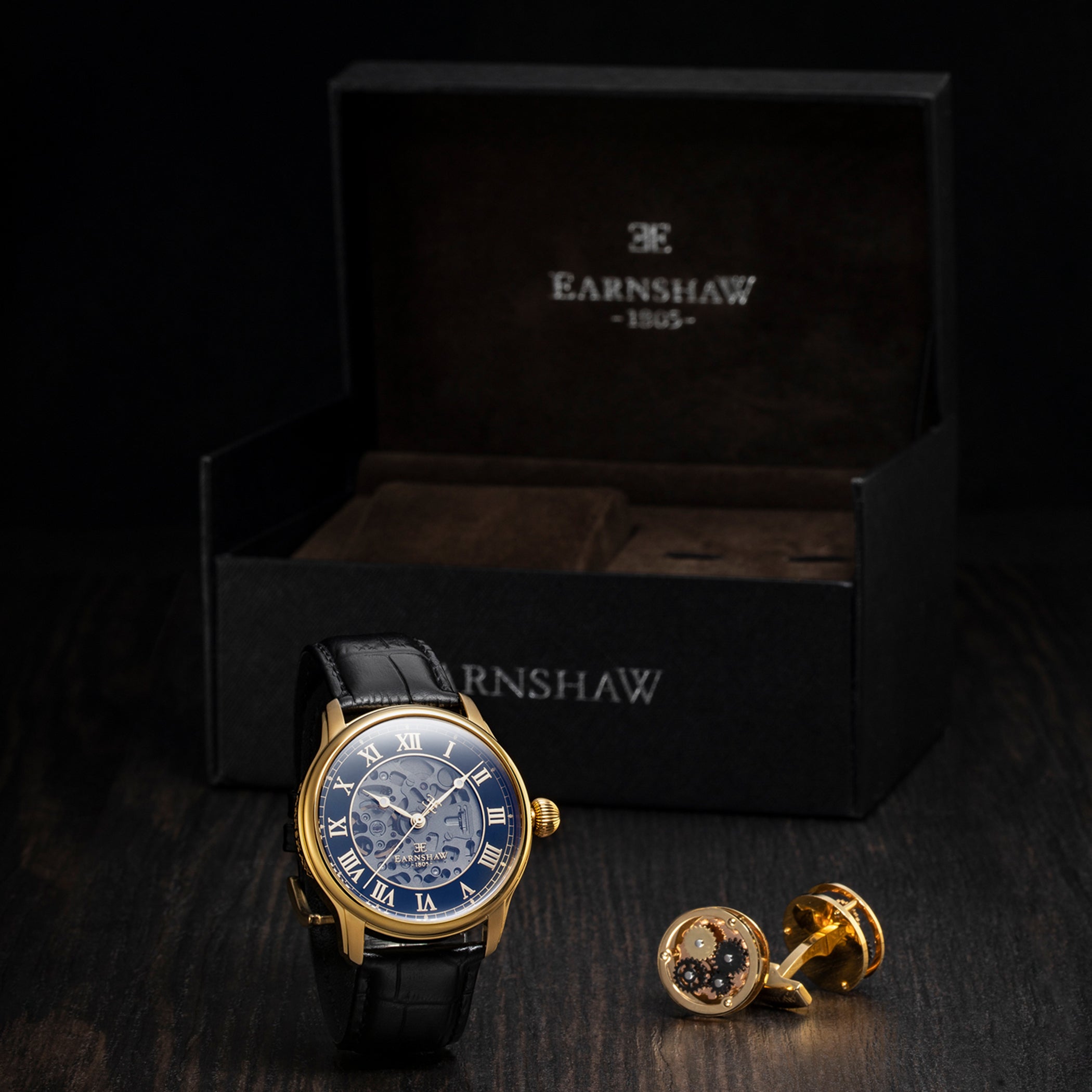 EARNSHAW LONGITUDE Automatic Skeleton Black Round Dial Men's Watch- ES-8807-02