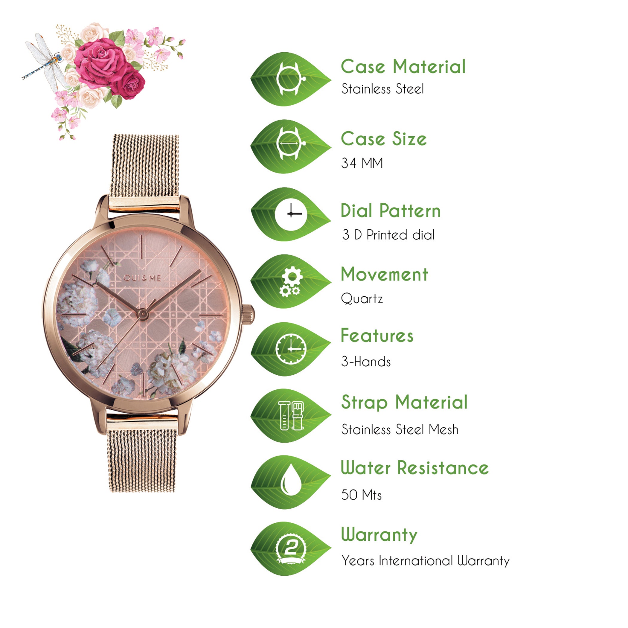 Oui & Me Fleurette Analogue Pink Round Dial Women's Watch- ME010105 