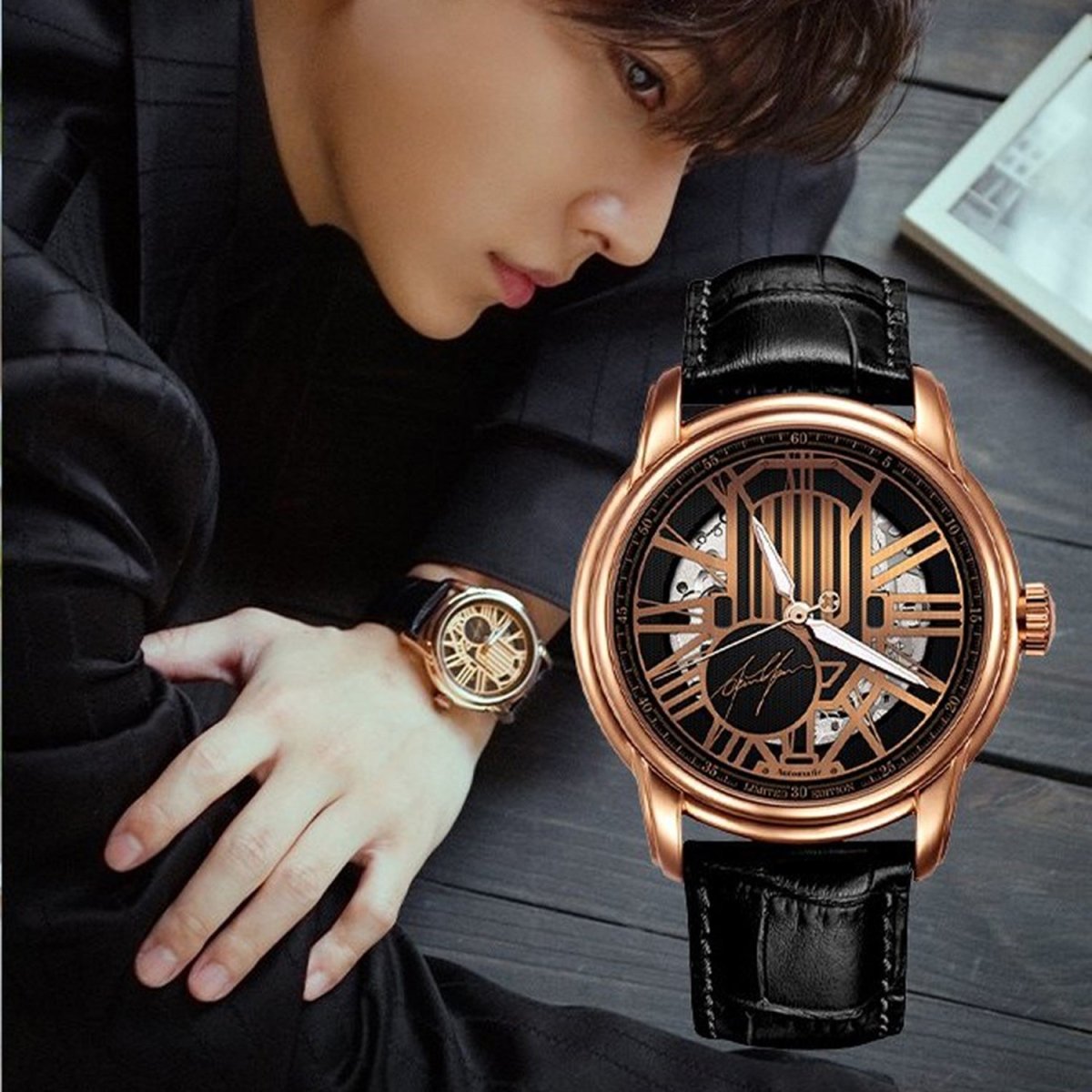 ARIES GOLD Aaron Yan Limited Edition Automatic Skeleton Watch with Sapphire Glass For Men- AAYAN1120 RG-BKRG