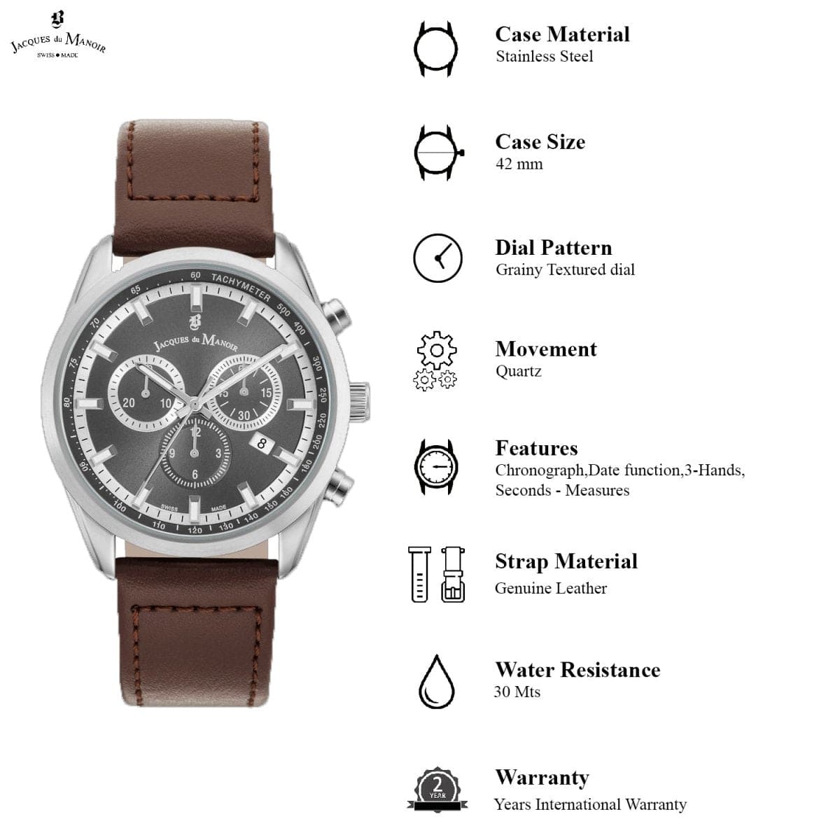 JACQUES DU MANOIR Apollo Swiss Made Chronograph Grey Round Dial Men's Watch- AP.02
