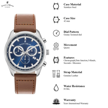 JACQUES DU MANOIR Apollo Swiss Made Chronograph Blue Round Dial Men's Watch- AP.03