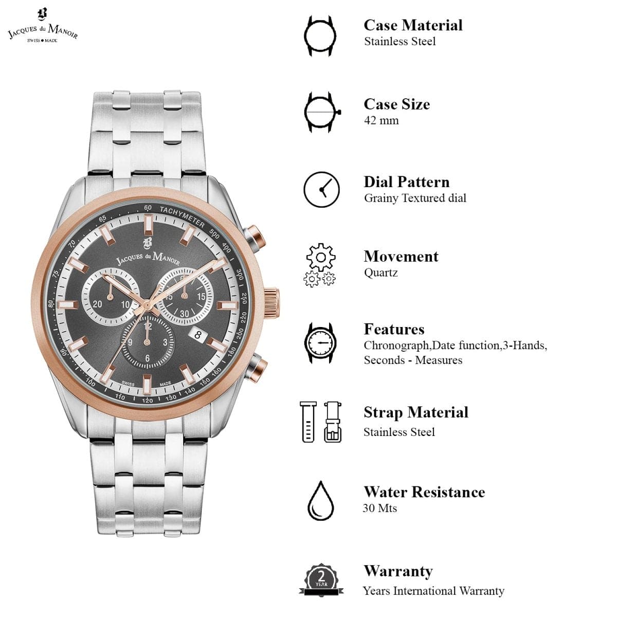 JACQUES DU MANOIR Apollo Swiss Made Chronograph Grey Round Dial Men's Watch- AP.07