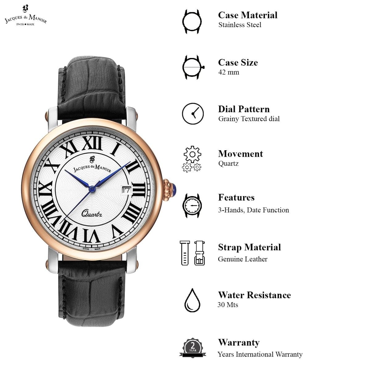 JACQUES DU MANOIR Casanova Swiss Made Analogue Silver Round Dial Men's Watch- CAR.3