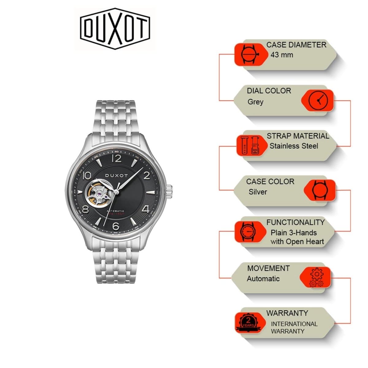 Duxot Patrios Automatic Grey Round Dial Men's Watch - DX-2023-33