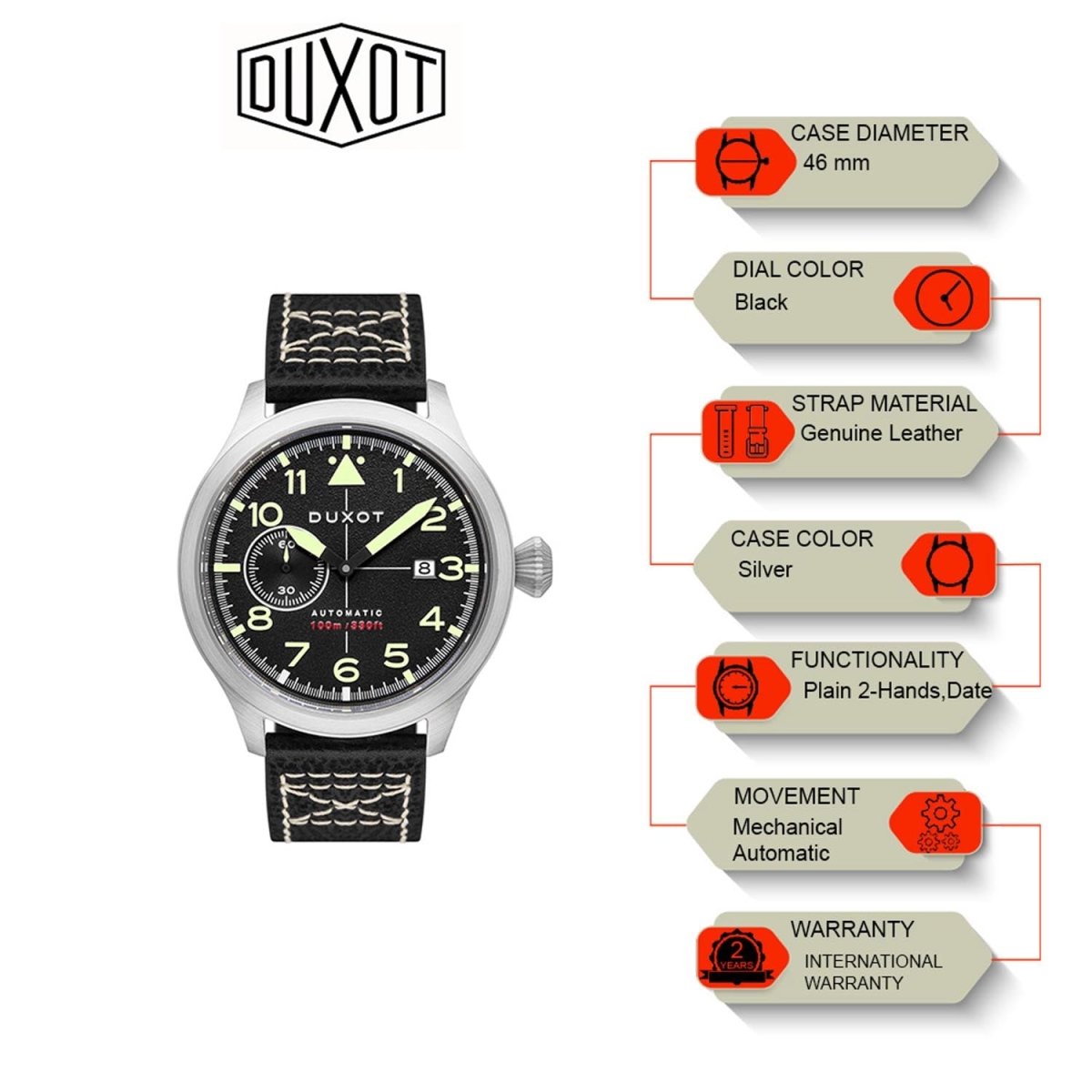 Duxot Altius Pilot Mechanical Automatic Black Round Dial Men's Watch - DX-2024-01