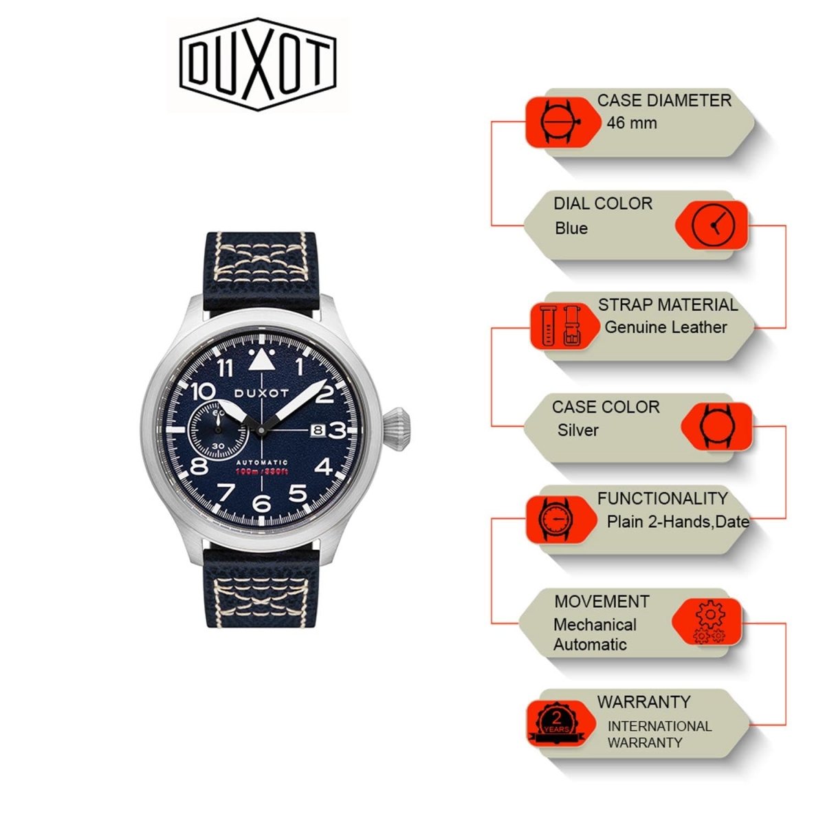 Duxot Altius Pilot Mechanical Automatic Blue Round Dial Men's Watch - DX-2024-02