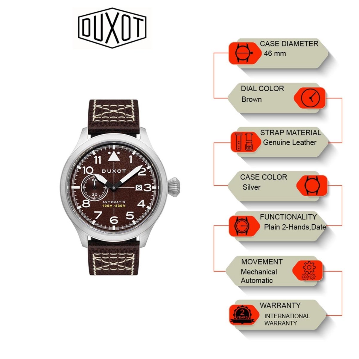Duxot Altius Pilot Mechanical Automatic Brown Round Dial Men's Watch - DX-2024-03