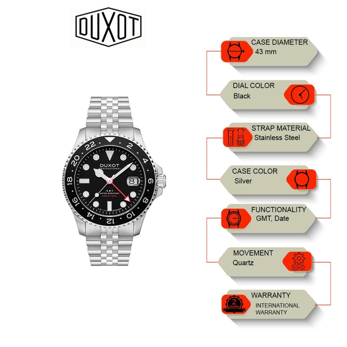 Duxot Altlantica GMT Black Round Dial Men's Watch - DX-2034-11