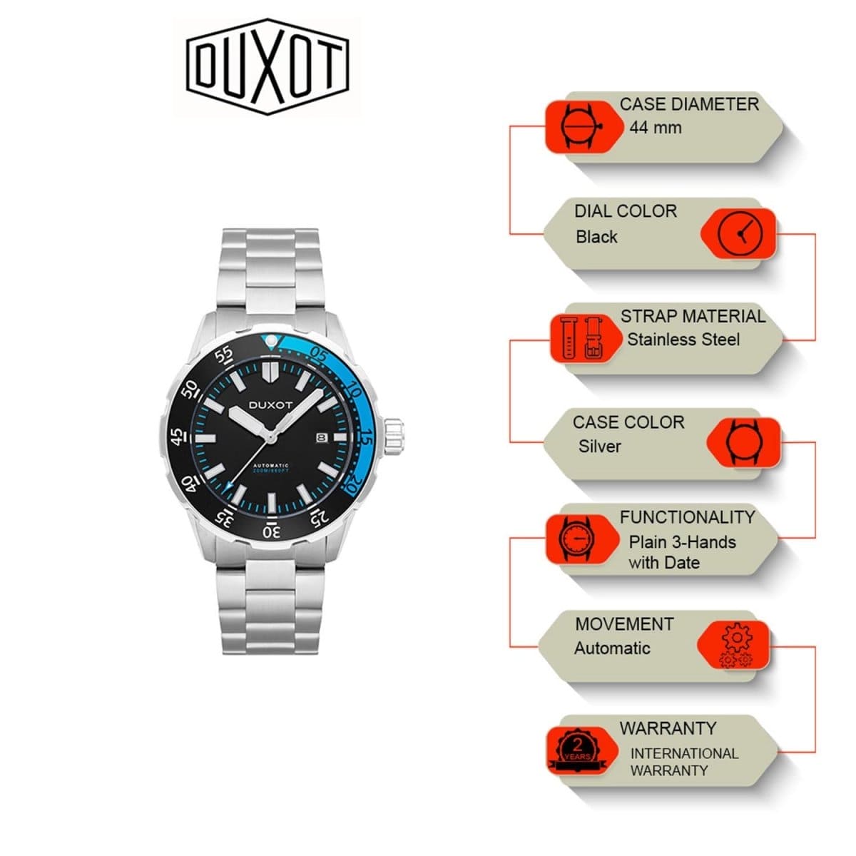 Duxot Mergulho Automatic Black Round Dial Men's Watch - DX-2035-33